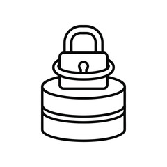 Digital Security Symbol: A clean, minimalist line drawing of a padlock encircled by a ring, atop a cylindrical base, representing concepts of security, safety, and protection.
