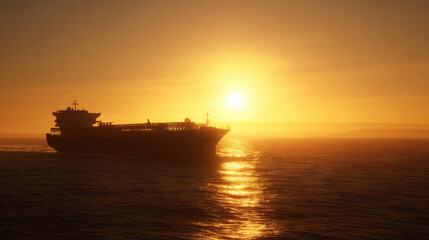 Fototapeta premium cargo ship silhouette approaching invisible tariff wall made of translucent glass ocean sunset conceptual art illustration concept scene visual for commercial design use high detail quality stock img