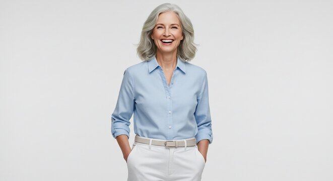 Joyful Mature Woman in Light Blue Shirt and White Pants