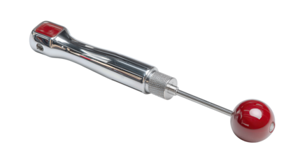 A seam ripper with glossy handle, fine fork tip with red ball, and protective cap parked on the end, isolated on transparent background.
