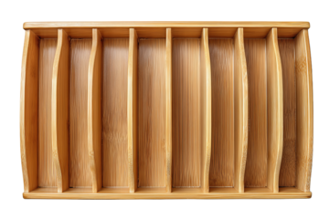 An expandable bamboo cutlery organizer with smooth dividers, natural texture, and full-width layout, isolated on transparent background.
