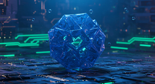 Futuristic abstract background with blue crystal and glowing circuit board