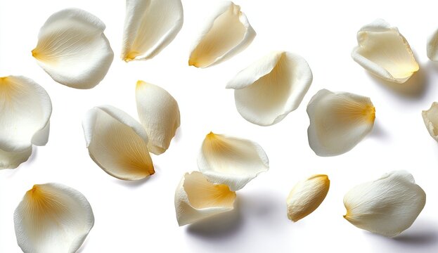 Delicate white rose petals scattered on a white background - Powered by Adobe