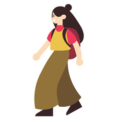 A smiling young woman with long dark hair and a pink backpack is walking, depicted in a flat, stylized illustration.