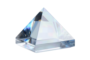 A triangular glass prism with polished faces, beveled edges, and equilateral form, isolated on transparent background.
