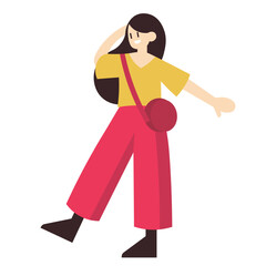 A cheerful young woman with long dark hair, wearing a yellow top and vibrant red pants, carries a red crossbody bag while posing with one hand on her head.