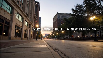 Urban street at dusk with inspiring message on new beginnings