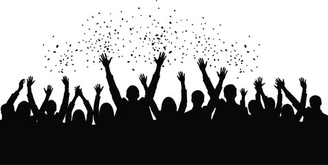 Silhouette of a crowd with raised hands and confetti falling on a white background celebration scene