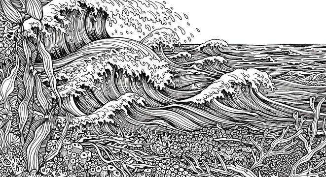 Detailed Black and White Illustration of Crashing Ocean Waves and Coastal Flora.