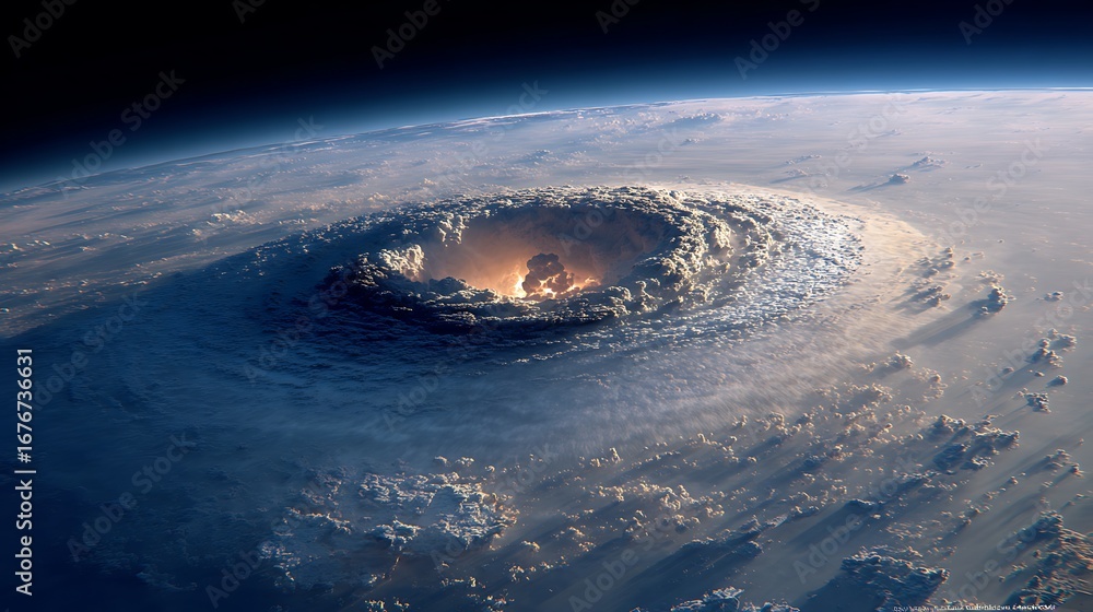 Poster earth atmosphere view from space showing a hurricane or supercell storm with clouds and lightning st