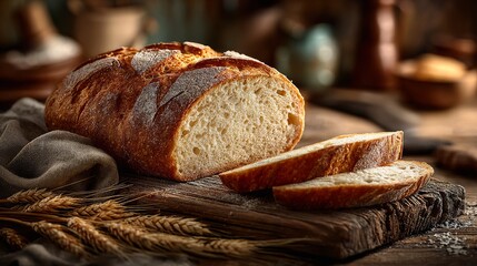 A freshly baked loaf of rustic bread, sliced and placed on a wooden board, surrounded by wheat and kitchen utensils, showcasing a warm, inviting atmosphere.