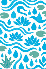 Seamless Nature Pattern with Water Drops, Leaves, and Lotus Flowers