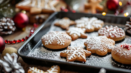 Homemade gingerbread cookies shaped like snowflakes adorn a baking sheet. Powdered sugar dusting adds a wintry touch, perfect for holiday celebrations and family gatherings.generative ai
