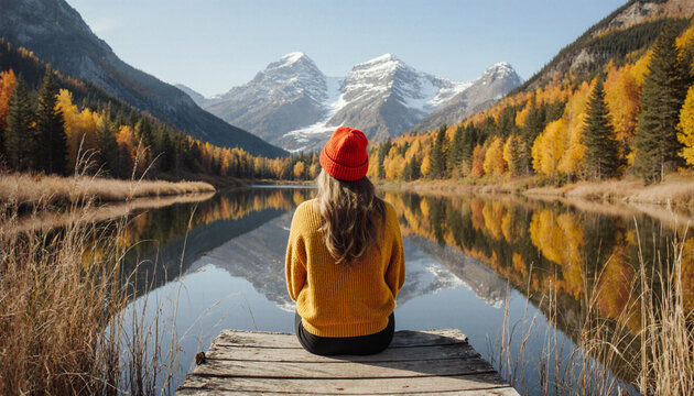 woman sitting on a bench in the mountains