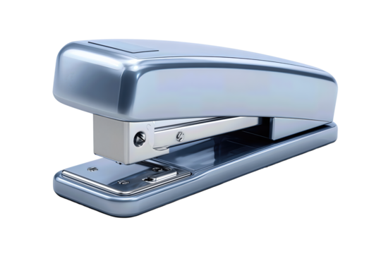 A desktop stapler with low-profile design, smooth shell, and slightly open loading tray, isolated on transparent background.
