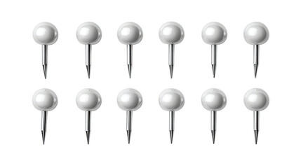 A push pins set with round matte heads and nickel points arranged in a tidy grid, isolated on transparent background.
