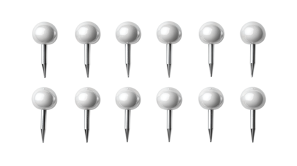 A push pins set with round matte heads and nickel points arranged in a tidy grid, isolated on transparent background.
