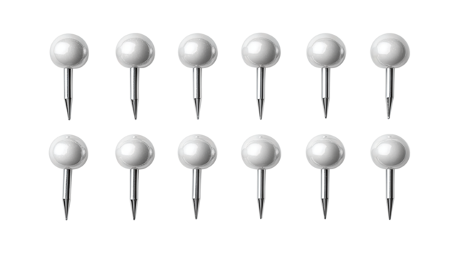 A push pins set with round matte heads and nickel points arranged in a tidy grid, isolated on transparent background.
