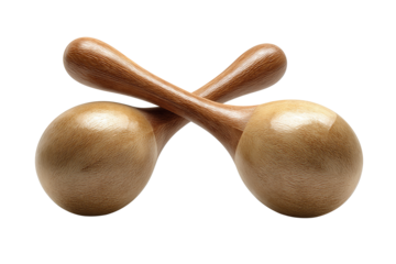 A pair of maracas with matte gourd-style shells and seamless handles, crossed neatly, isolated on transparent background.
