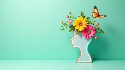 Abstract profile with blooming flowers and butterfly head silhouette