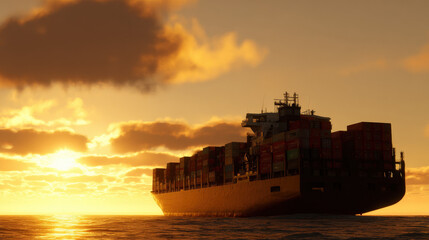 Fototapeta premium cargo ship silhouette approaching invisible tariff wall made of translucent glass ocean sunset conceptual art illustration concept scene visual for commercial design use high detail quality stock img
