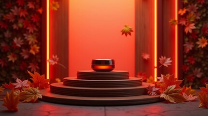 Autumnal product display with glowing jar and falling leaves maple