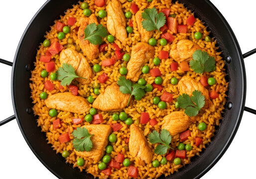 Steaming paella in a traditional pan overhead shot isolated on transparent background