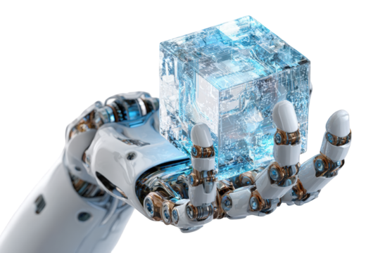 Robotic hand holding a large ice cube - Powered by Adobe