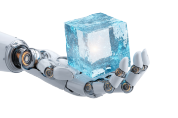 A robotic hand holds a translucent ice cube