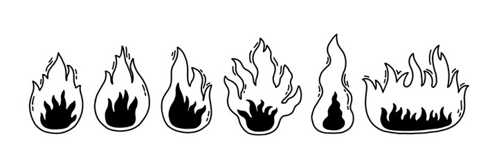 Doodle Line Fire Flame Icon Set. Vector Grafitti Grunge Brush Illustration 