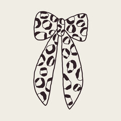Vintage Bow with Leopard Print Animal Pattern. Coquette Ribbon Graphic Line Hand Drawn Design. Fashion Vector Sketch Illustration