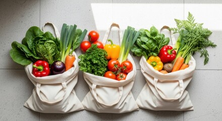 Three canvas grocery bags filled with fresh vegetables and leafy greens arranged on a light gray tiled surface