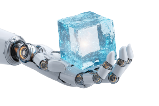 A robotic hand holds a translucent ice cube - Powered by Adobe
