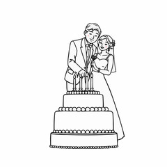 Bride and groom cutting wedding cake in simple line art style  