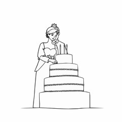 Bride decorating a wedding cake with candles in elegant style  