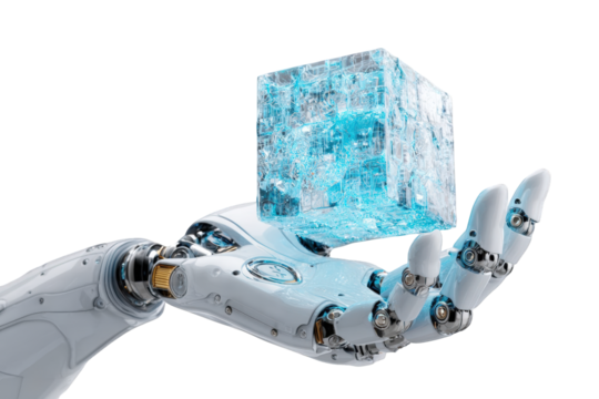 Robotic hand holding a clear cube - Powered by Adobe