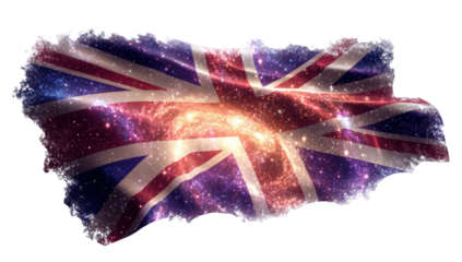 A stylized, waving Union Jack flag, overlaid with a vibrant galaxy