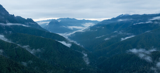 Aerial view of beautiful foggy forest and rocky  mountains landscape