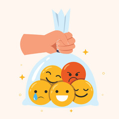 Vector illustration of a hand holding a transparent plastic bag with an emoticon symbol. Concept of emotional and mental health.