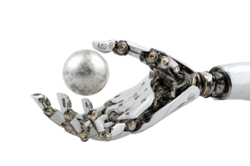 A metallic robot hand holding a sphere