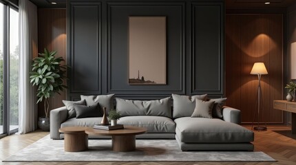 Elegant living room with sectional sofa and artwork coffee table floor lamp