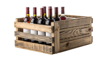 Rustic Wooden Crate with Wine Bottles on Black Background