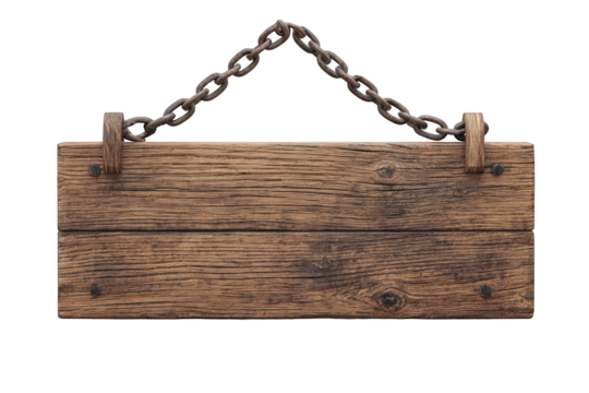 Rustic wooden sign hanging from a chain