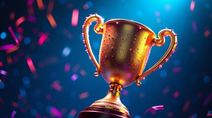 Golden trophy with confetti celebration award victory