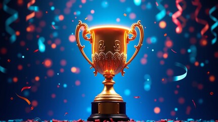 Golden trophy with celebratory confetti and ribbons award victory