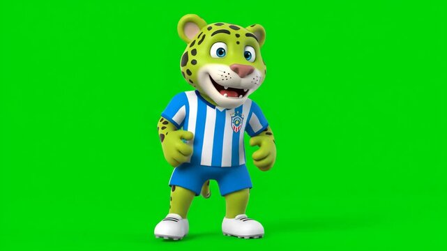 Smiling Cartoon Jaguar Mascot Kicking Soccer Ball - A cheerful cartoon jaguar, wearing a blue and white soccer uniform, smiles and kicks a soccer ball against a green screen background.