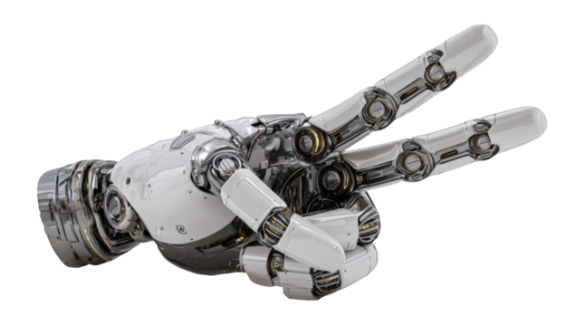Futuristic robot hand showing a peace sign