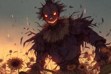 A whimsical cartoon character standing in a colorful field of blooming flowers, enjoying the beauty of nature.