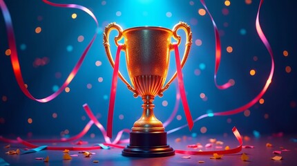 Golden trophy with red ribbons and confetti award victory