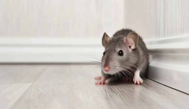 Small grey rat mouse sitting on light wood laminate flooring next to white baseboard trim, home interior, rodent in house corner
